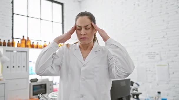 Junge Frau mit blauen Augen leidet an stressbedingter Migräne im Labor - ein trauriges Porträt des Schmerzes - Filmmaterial, Video