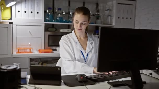 Een gefocuste jonge vrouw in een witte labjas werkend op een computer in een moderne laboratoriumomgeving, die professionaliteit en concentratie weergeeft. - Video