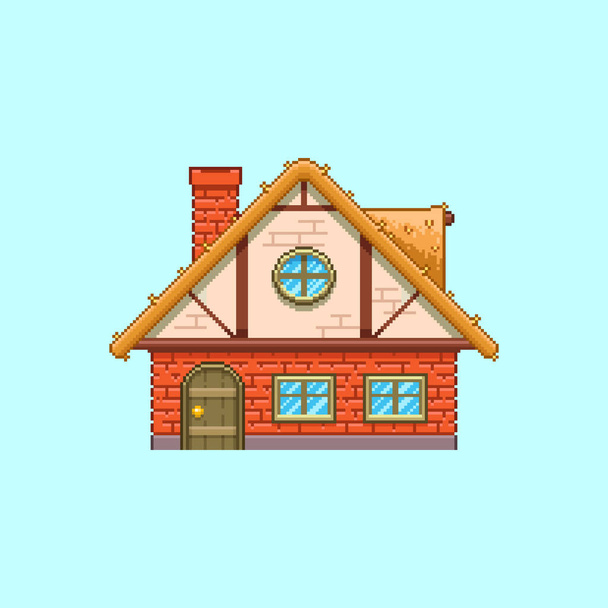 8bit colorful simple vector pixel art illustration of cartoon one-story house in retro video game platformer level style - Vector, Image