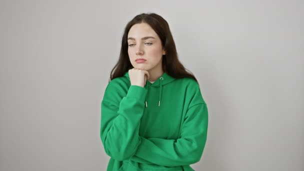 スウェットシャツのストレスを受けた若い女性は,危機の問題を心配し,白い背景で孤立した頭の上に手を置きます - 映像、動画