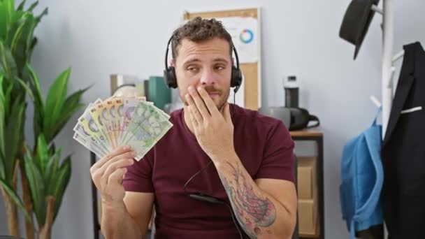 Shocked and scared! young hispanic man covers mouth after big blunder with romanian lei banknotes at office - Footage, Video