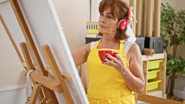 Mujer madura en delantal amarillo pintando sobre lienzo en el interior mientras escucha música y sostiene una taza roja. - Imágenes, Vídeo