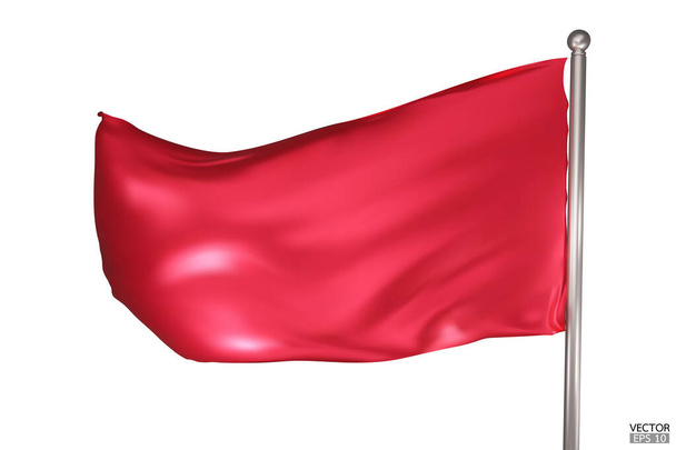 Drapeau rouge blanc sur fond blanc. Un drapeau rouge agitant dans le vent sur le mât. Modèle de drapeau rouge. Illustration vectorielle 3D. - Vecteur, image