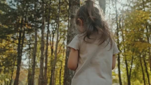 Biała dziewczynka spacerująca latem po parku publicznym. Dzieciak szczęśliwie chodzi. Zajęcia rekreacyjne. - Materiał filmowy, wideo