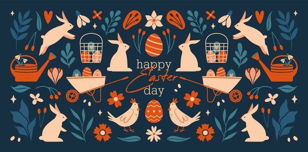 Hyvää pääsiäispäivää. Iso kokoelma vektori kuvituksia pääsiäispupu, kani, muna, kana, kukka, kasvi, marjat, oksa, lehti, kastelukannu, kori, kottikärryt. Söpö clip taiteen tarroja, kortti - Vektori, kuva