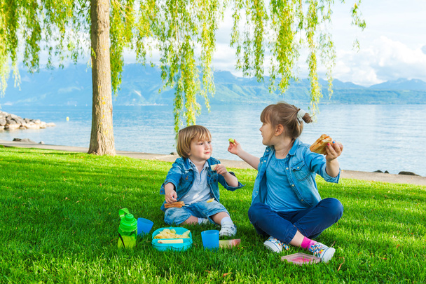 Dwa cute dzieci, dziewczynka i jej brat, pikniku na świeżym powietrzu nad jeziorem - Zdjęcie, obraz