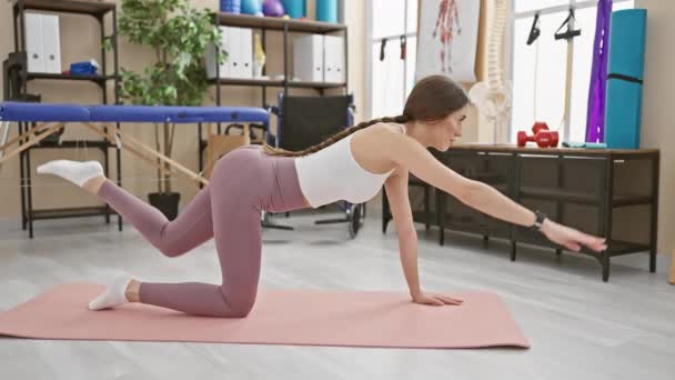Vrouw oefeningen in revalidatiecentrum het uitvoeren van stretching routine op yoga mat - Video