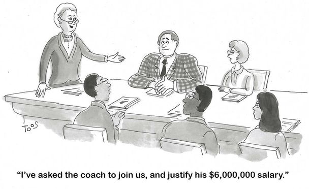 BW cartoon of a meeting.  The female leader has invited the Athletic Coach to talk in order to justify his huge, $6 million salary. - Photo, Image