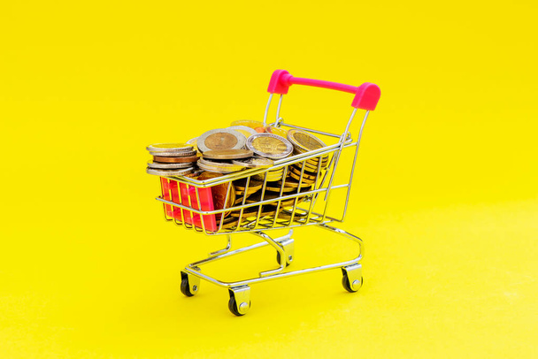Mini cesta de compras com moedas em fundo amarelo. Finanças e o conceito de poupança de dinheiro. - Foto, Imagem