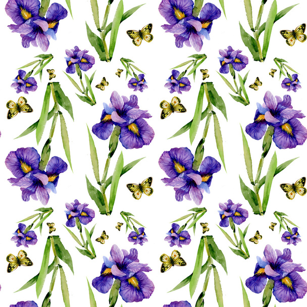 Blue iris flowers with butterflies - Foto, afbeelding