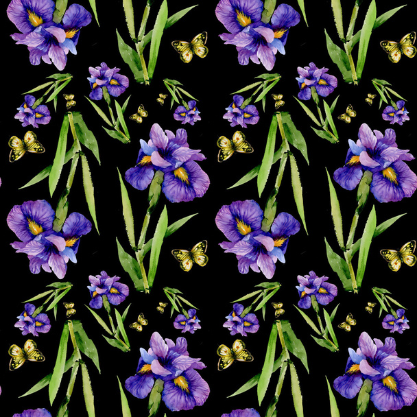 Blue iris flowers with butterflies - Fotoğraf, Görsel