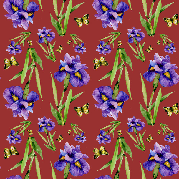 Blue iris flowers with butterflies - Zdjęcie, obraz