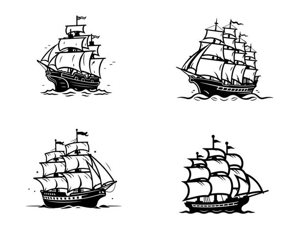 Černobílý obraz plachetnice izolované na bílém pozadí. Obrázek vektoru umění - Vektor, obrázek
