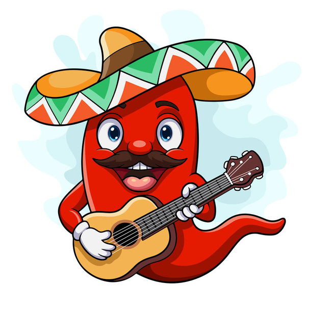 Kreskówka szczęśliwy sombrero chili pieprz gra na gitarze - Wektor, obraz