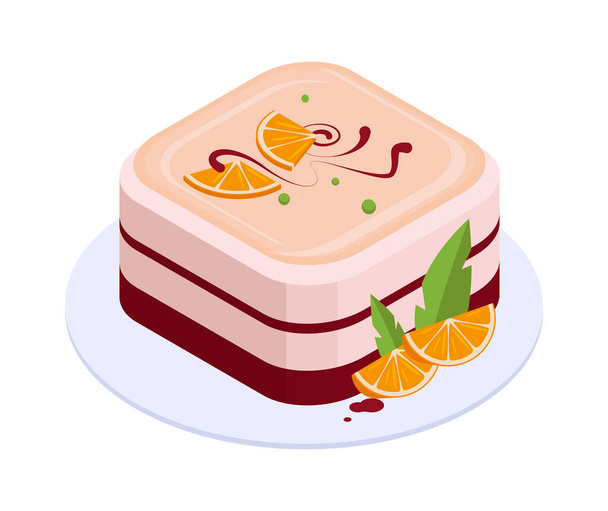 Ισομετρική εορταστική τούρτα. Τούρτα σοκολάτας ή βανίλιας με γλάσο και φρούτα, γλυκό κέικ ζαχαροπλαστικής 3d διανυσματική απεικόνιση. Τούρτα γενεθλίων - Διάνυσμα, εικόνα