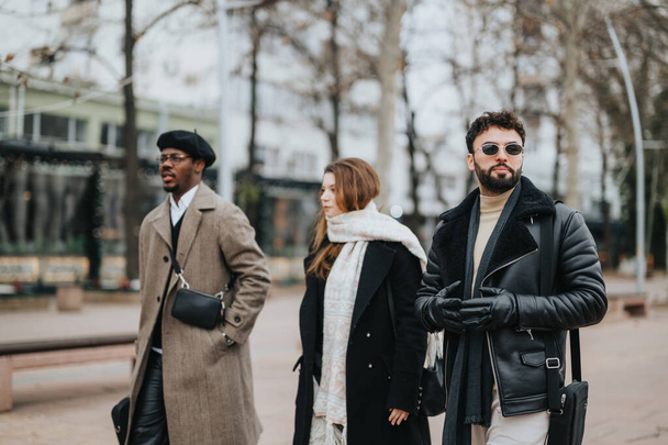 Группа стильных молодых предпринимателей, прогуливающихся по городскому пейзажу, участвующих в удаленной деловой встрече на городском фоне. - Фото, изображение