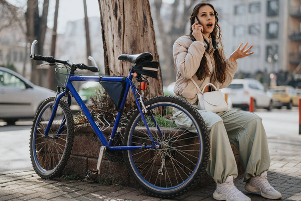 Photo de style de vie en plein air d'une jeune femme engagée dans une conversation sur son téléphone portable, assise à côté d'un vélo bleu dans une rue urbaine. - Photo, image