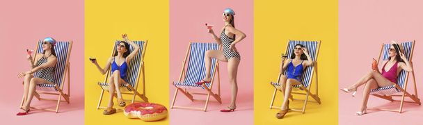 Collage de jeune femme en maillot de bain, avec chaise de plage et cocktail sur fond de couleur - Photo, image