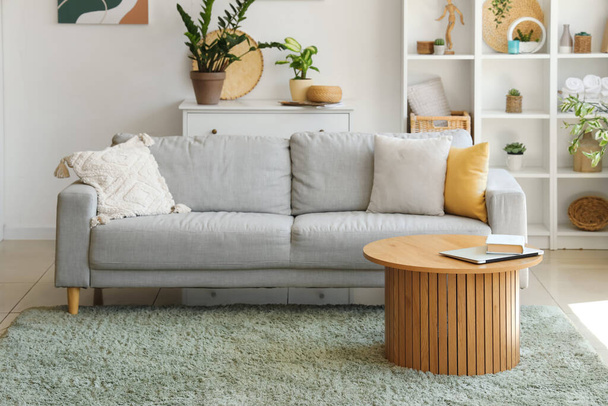 Belső tér világos nappali kanapéval, asztal és szobanövények - Fotó, kép