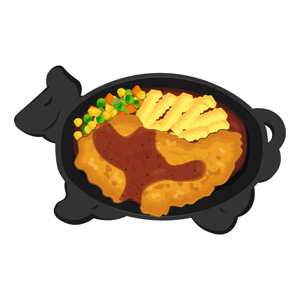 Vector illustration logo Crispy chicken steak with black pepper sauce fried potatoes and vegetables on a hot plate - Vector, Image