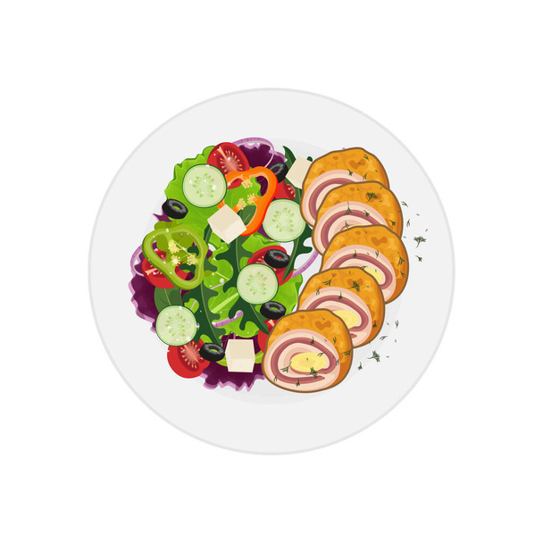 Cordon bleu vector illustration logo With vegetable salad - Vector, Image