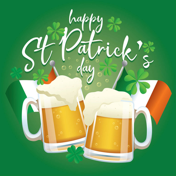 εορταστικός σχεδιασμός της ημέρας του Αγίου Πατρικίου με μπύρες και ιρλανδική σημαία - Διάνυσμα, εικόνα