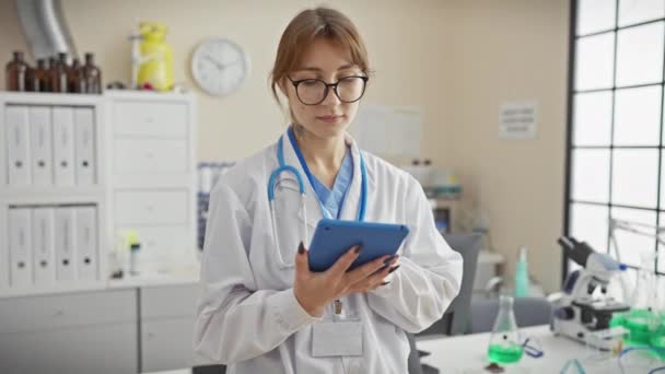 Luotettava nuori nainen lääkäri laboratoriotakissa käyttää tablettia kirkkaassa sairaalan laboratoriossa, jossa on laitteita. - Materiaali, video