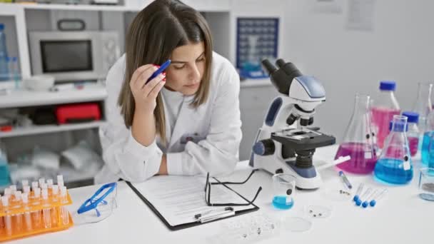 Giovane scienziata ispanica concentrata che scrive in laboratorio circondata da attrezzature - Filmati, video