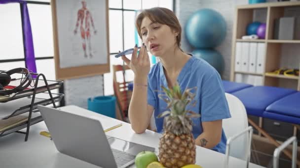 Una donna concentrata in scrub utilizza un registratore vocale in una moderna clinica di fisioterapia con attrezzature per l'esercizio - Filmati, video