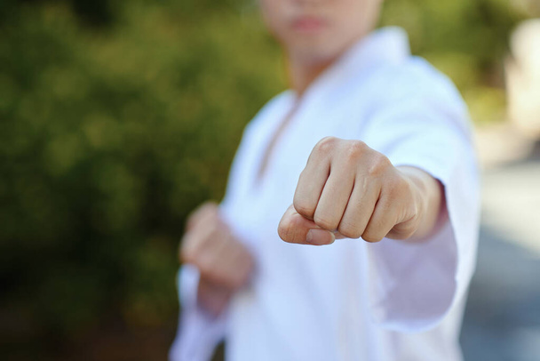 Taekwondo athlete doing jab punch when training outdoor - Photo, Image