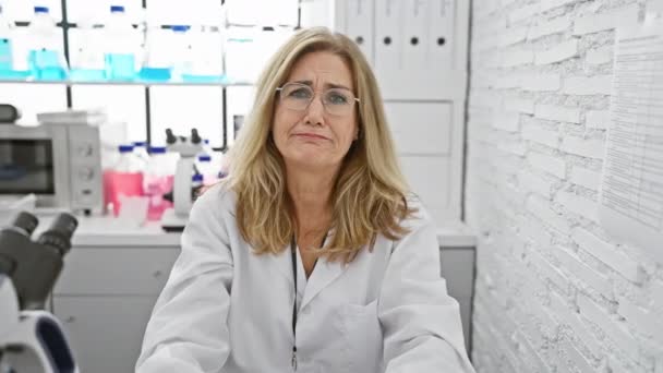 Στρεσαρισμένη μεσήλικη ξανθιά επιστήμονας, δυστυχισμένη έκφραση χαραγμένη από ανησυχία και θυμό, κλαίγοντας απελπισμένα στο εργαστήριο - μια θλιβερή ιστορία κατάθλιψης - Πλάνα, βίντεο