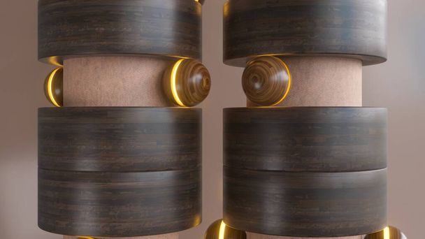 3D animation ρουστίκ ξύλινων κυλίνδρων τονισμένων με λαμπερά χρυσά δαχτυλίδια, συνδυάζοντας οργανικές υφές με μια πινελιά πολυτέλειας. - Φωτογραφία, εικόνα