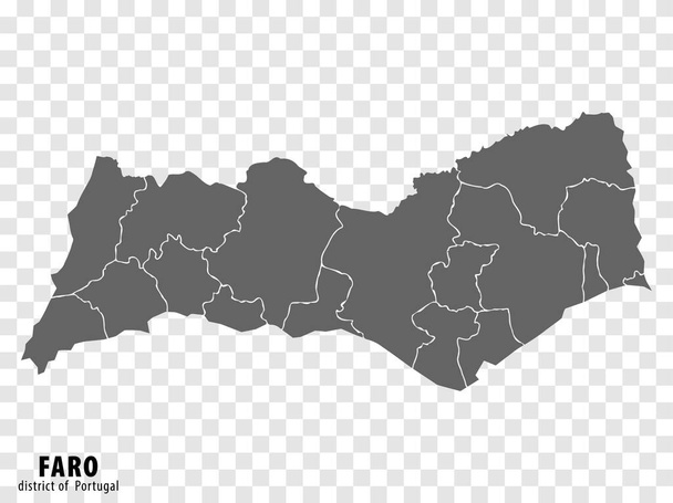 Mapa Distrito de Faro sobre fondo transparente. Mapa del distrito de Faro con municipios en gris para el diseño de su sitio web, logotipo, aplicación, interfaz de usuario. Portugal. EPS10. - Vector, Imagen