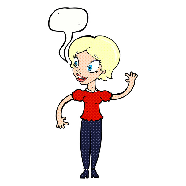 cartoon woman waving with speech bubble - Vektör, Görsel