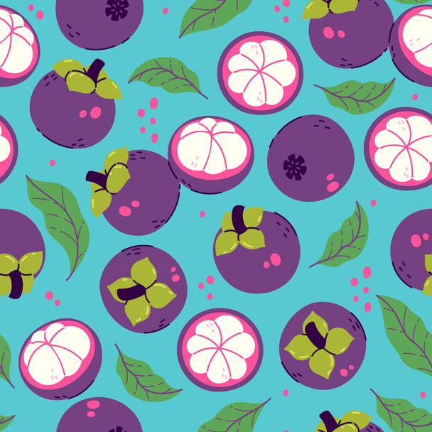 Seamless pattern with mangosteens and leaves on a blue background. Vector image. - Vector, Image