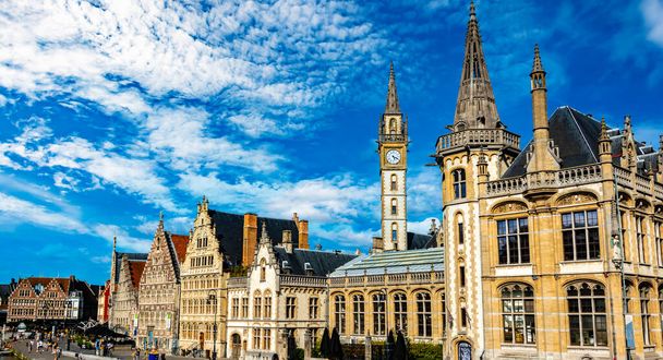GHENT, BELGIUM - AUG 24, 2022: Architecture of the historic city center of Ghent in the Flemish Region of Belgium - Photo, Image