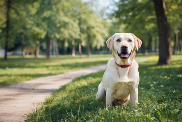 屋外にいる若い犬の肖像. 晴れた夏の日に草の外で幸せで活発なピューレッドドッグ - 写真・画像