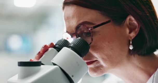 Scientist, woman and microscope at lab in closeup for analysis of bacteria, particles or test for research. Person, science and forensic study to check sample for medical innovation at pharma company. - Footage, Video