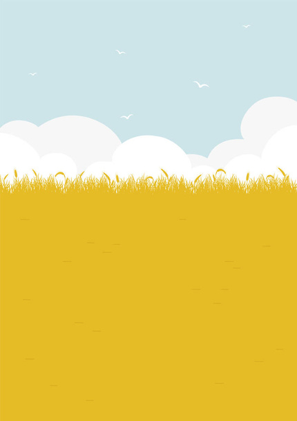 Векторные сельские пейзажи с пшеничным полем. Skyline с облаками иллюстрация в стиле мультфильма. Урожай зерна. Сухой газонный луг. Современная минималистская художественная печать середины века. - Вектор,изображение