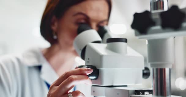 Γυναίκα, επιστήμονας και ιατροδικαστική ανακάλυψη με μικροσκόπιο για την επιστήμη, μικροβιολογία ή την έρευνα στο εργαστήριο. Κλείσιμο του προσώπου ή του ερευνητή που εξετάζει το πεδίο εφαρμογής ή τους φακούς για τη δοκιμή επιστημονικής ανακάλυψης. - Πλάνα, βίντεο