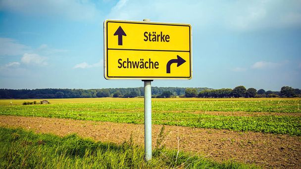 Obraz z drogowskazem wskazującym w dwóch różnych kierunkach po niemiecku. Jeden kierunek wskazuje na siłę, drugi na słabość.. - Zdjęcie, obraz