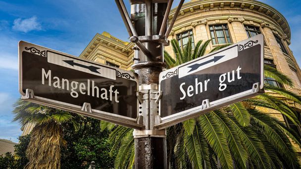 An image with a signpost pointing in two different directions in German. One direction points to Very Good, the other points to Poor. - Photo, Image