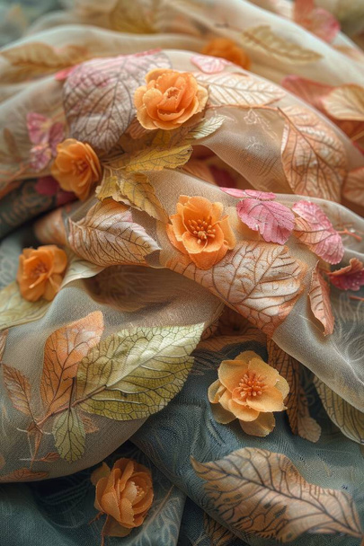 Ekologická barvicí tkanina s přírodními materiály, listy a květy, organické vzory - Fotografie, Obrázek