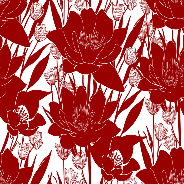 Kusursuz kırmızı ve beyaz çiçekli desen, tek renkli süs, tasarım, doku - Fotoğraf, Görsel