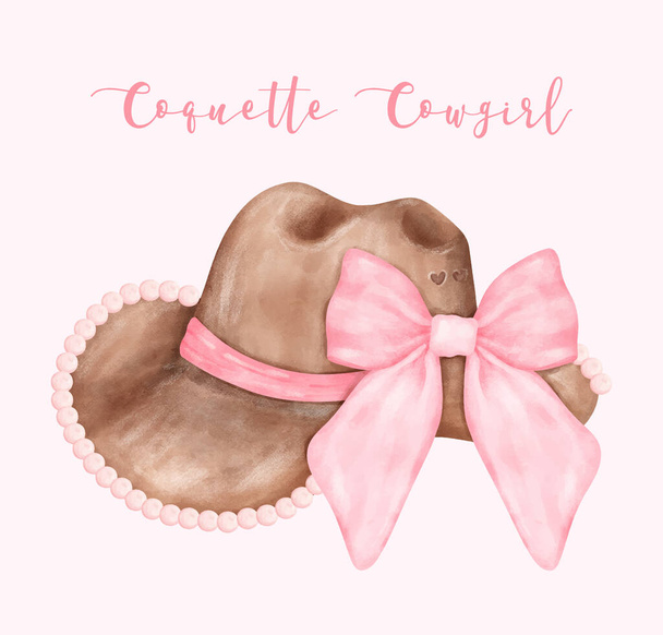 Υδατογραφία Coquette Cowgirl καπέλο με ροζ κορδέλα τόξο. Θηλυκό καουμπόικο καπέλο - Διάνυσμα, εικόνα
