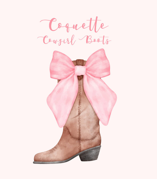 Coquette Cowgirl Bota com fita rosa Bow Watercolor. Ilustração pintada à mão estética - Vetor, Imagem