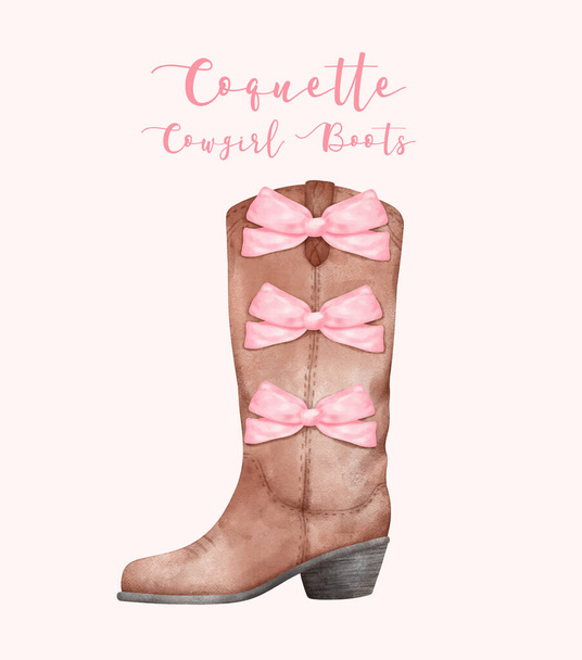 Μπότες Cowgirl Coquette με ροζ κορδέλα Bow Watercolor. Αισθητική ζωγραφισμένη στο χέρι απεικόνιση - Διάνυσμα, εικόνα