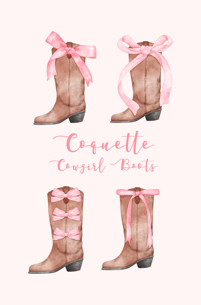 Кокетка Ковбойські чоботи з рожевою стрічкою Bow Aqucolor set. Ретро Естетична ручна ілюстрація. - Вектор, зображення