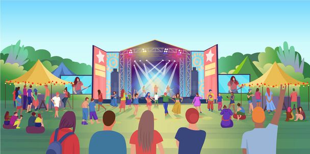 Open air music festival. Music Stages, vector illustration of a crowd of fans waving their arms, dancing, shooting video on their phone. Bright illustration, hand draw, objects grouped and layered. - Vector, Image