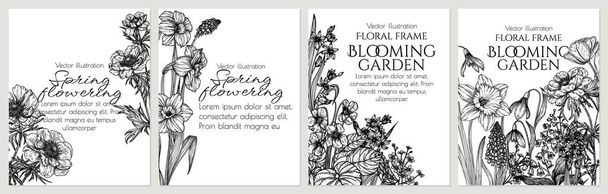  Zestaw 4 kart wektorowych z wiosennymi kwiatami w grawerowanym stylu. Brunnera, tulipany, muscari, żonkil, lilia doliny, anemon, scylla, altówka - Wektor, obraz